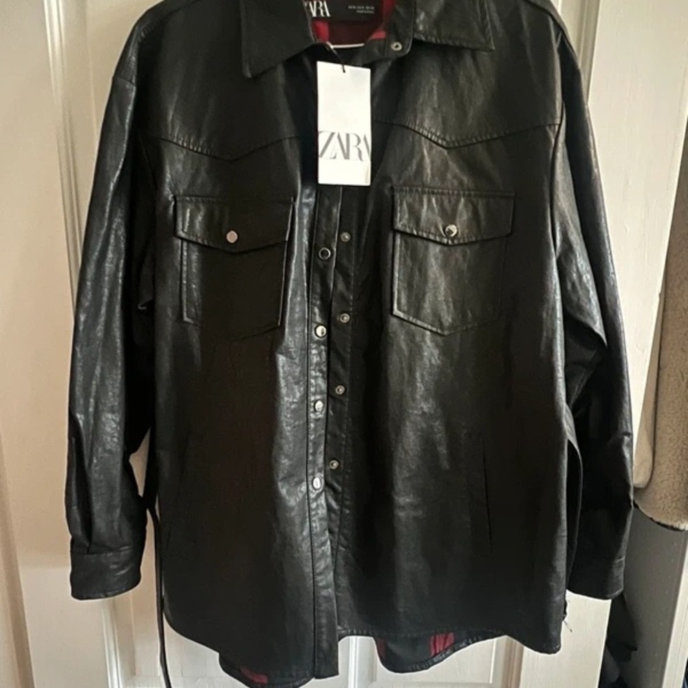 Zara Men's Black Leather Shirt Jacket